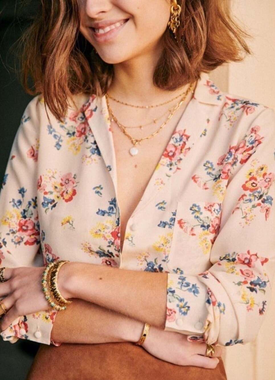 NWT Sézane Florence Silk Shirt Ivory Old School Flowers Floral US 2